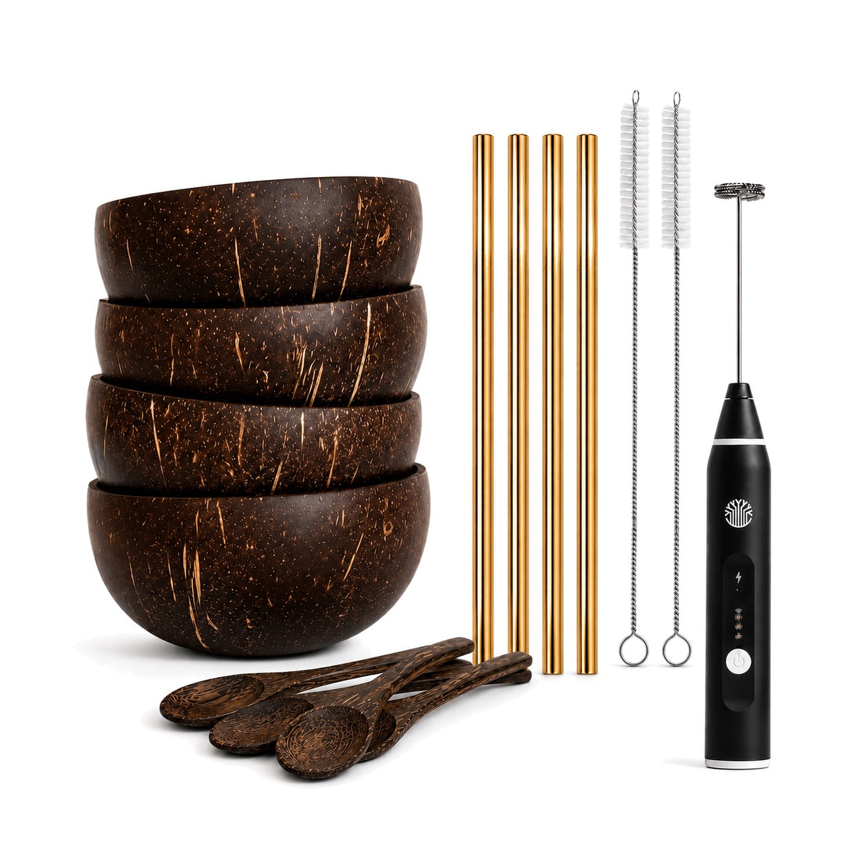 Superfood Accessories bundle, including 4 real coconut bowls, 4 wooden spoons,  four metal straws, two straw cleaning brushes, and a rechargeable milk frother.
