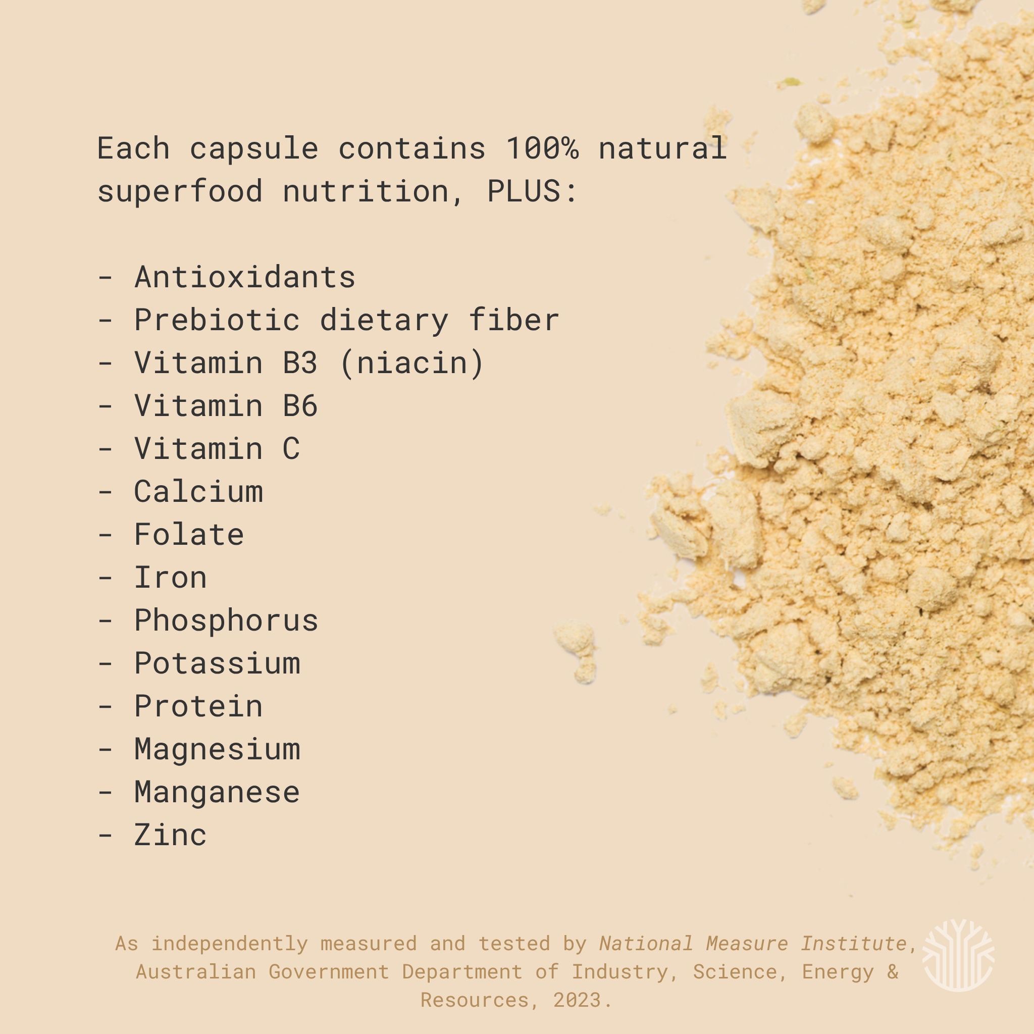 Organic baobab capsule nutritional information showing vitamin C prebiotic fiber antioxidants calcium and magnesium per serving
