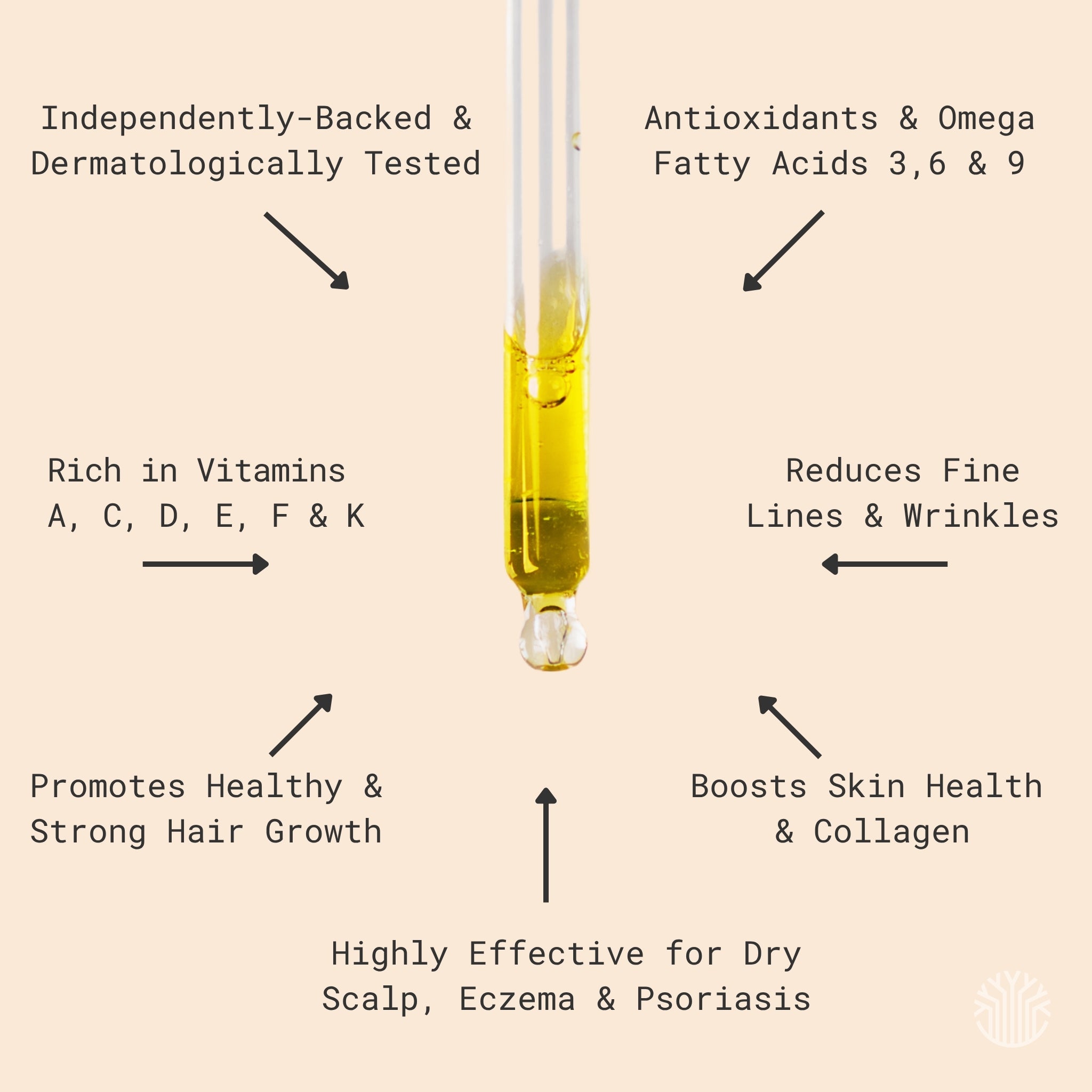 Organic baobab oil benefits infographic showing hair growth eczema psoriasis anti-aging vitamins and antioxidants