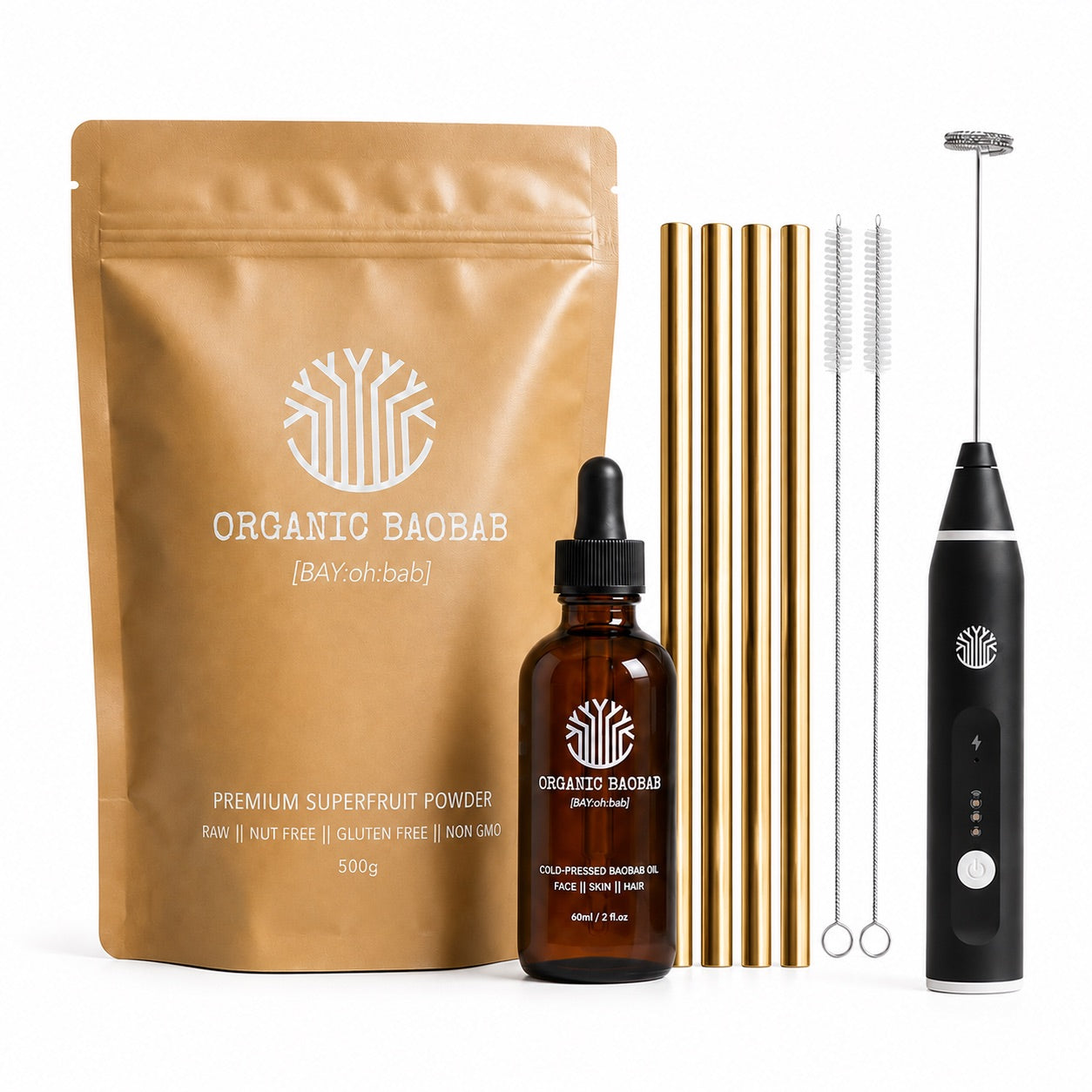 The image shows a bundle of products including a package of Premium Organic Baobab Powder, a bottle of Cold-Pressed Baobab Oil, a Rechargeable Handheld Frother, and a set of reusable Metal Straws.