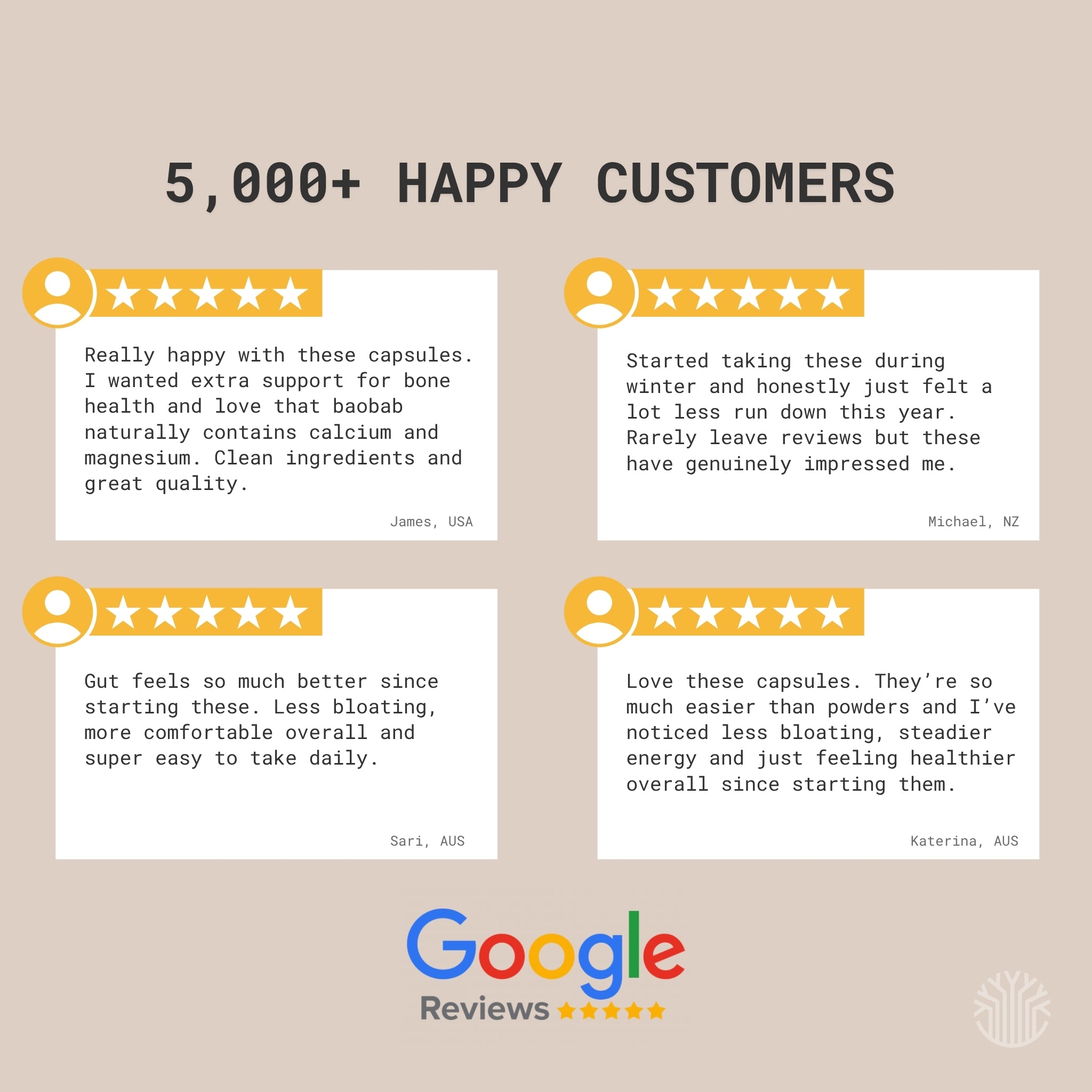Baobab capsules real 5-star customer review snippet highlighting benefits and verified customer experience 