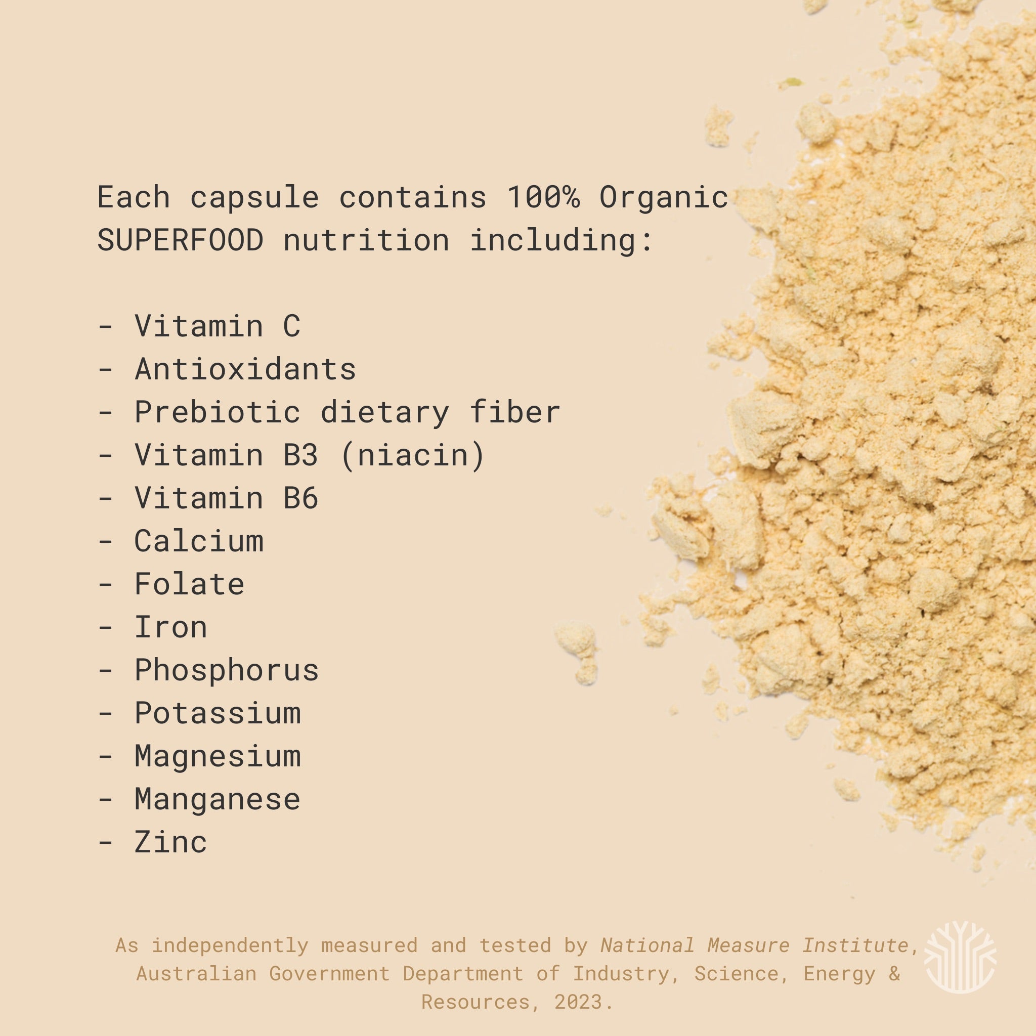 Baobab Superfood powder with a list of nutrients included in every capsule