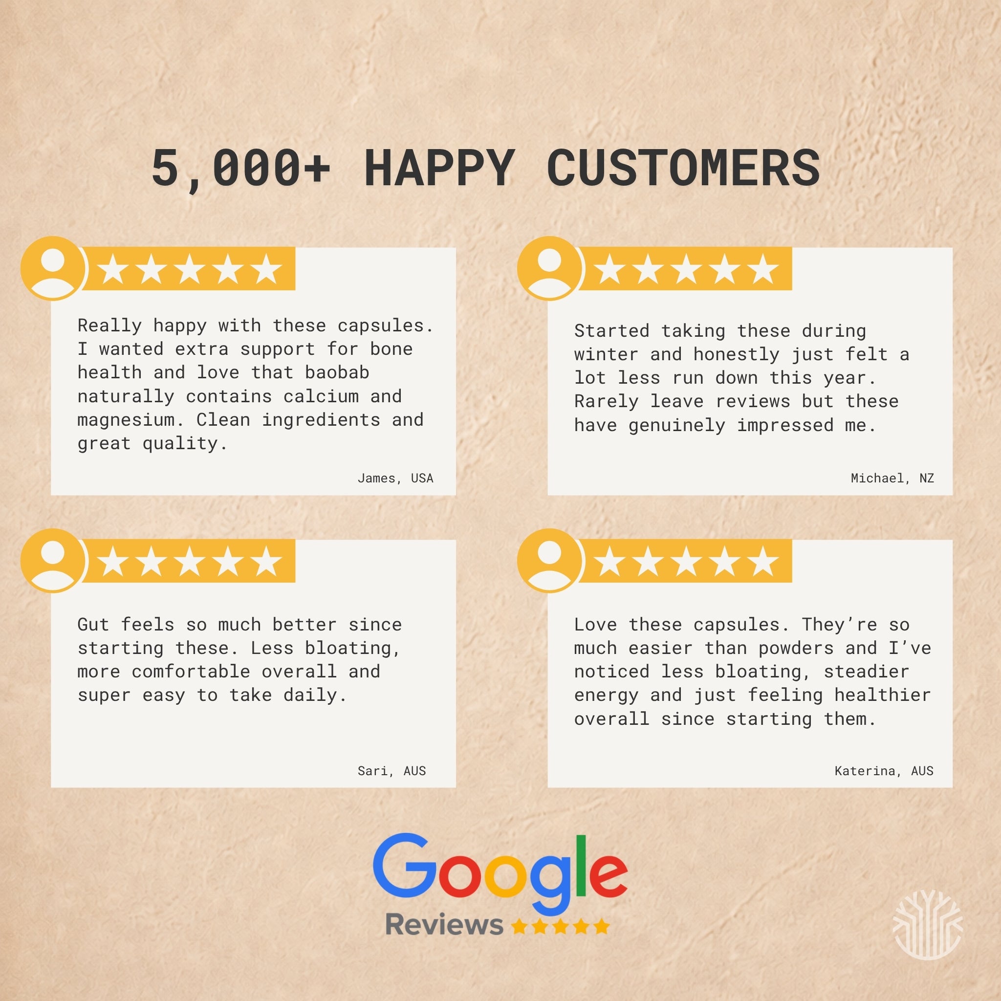 Baobab capsules real 5-star customer review snippet highlighting benefits and verified customer experience 