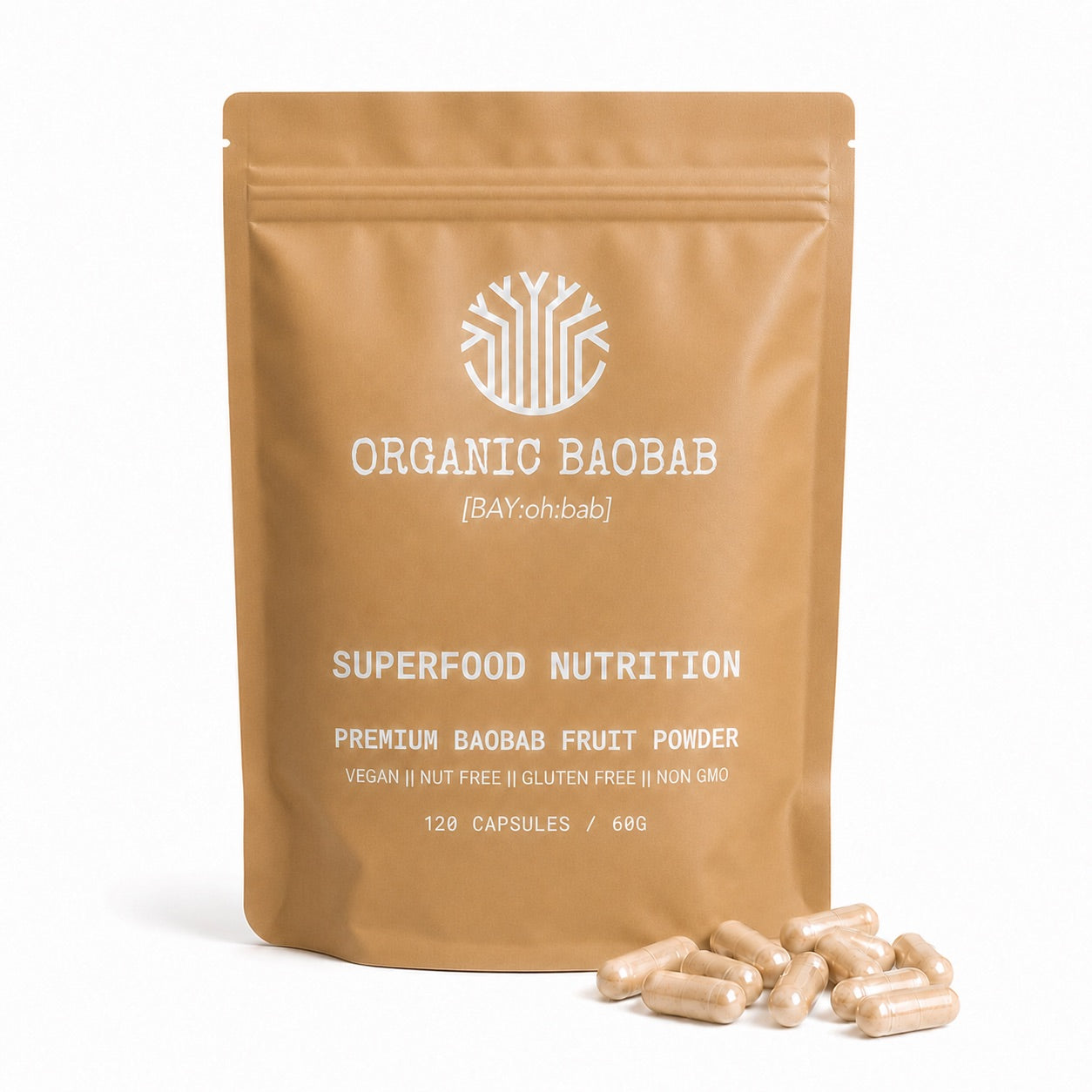 A stand-up pouch of Organic Baobab Superfood capuels, with several beige capsules scattered in front on a white background.