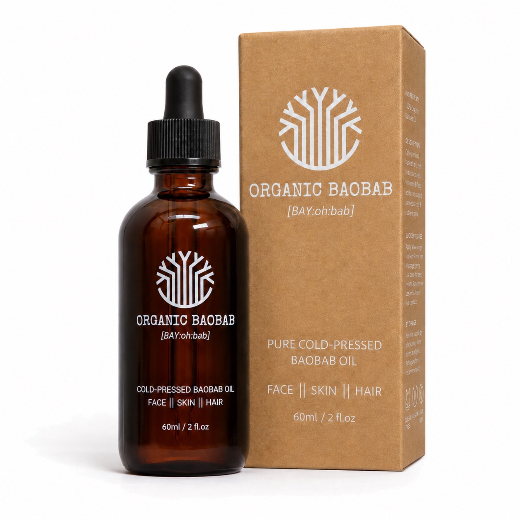 Organic baobab oil 60ml cold-pressed dropper bottle with packaging for face skin, scalp and hair