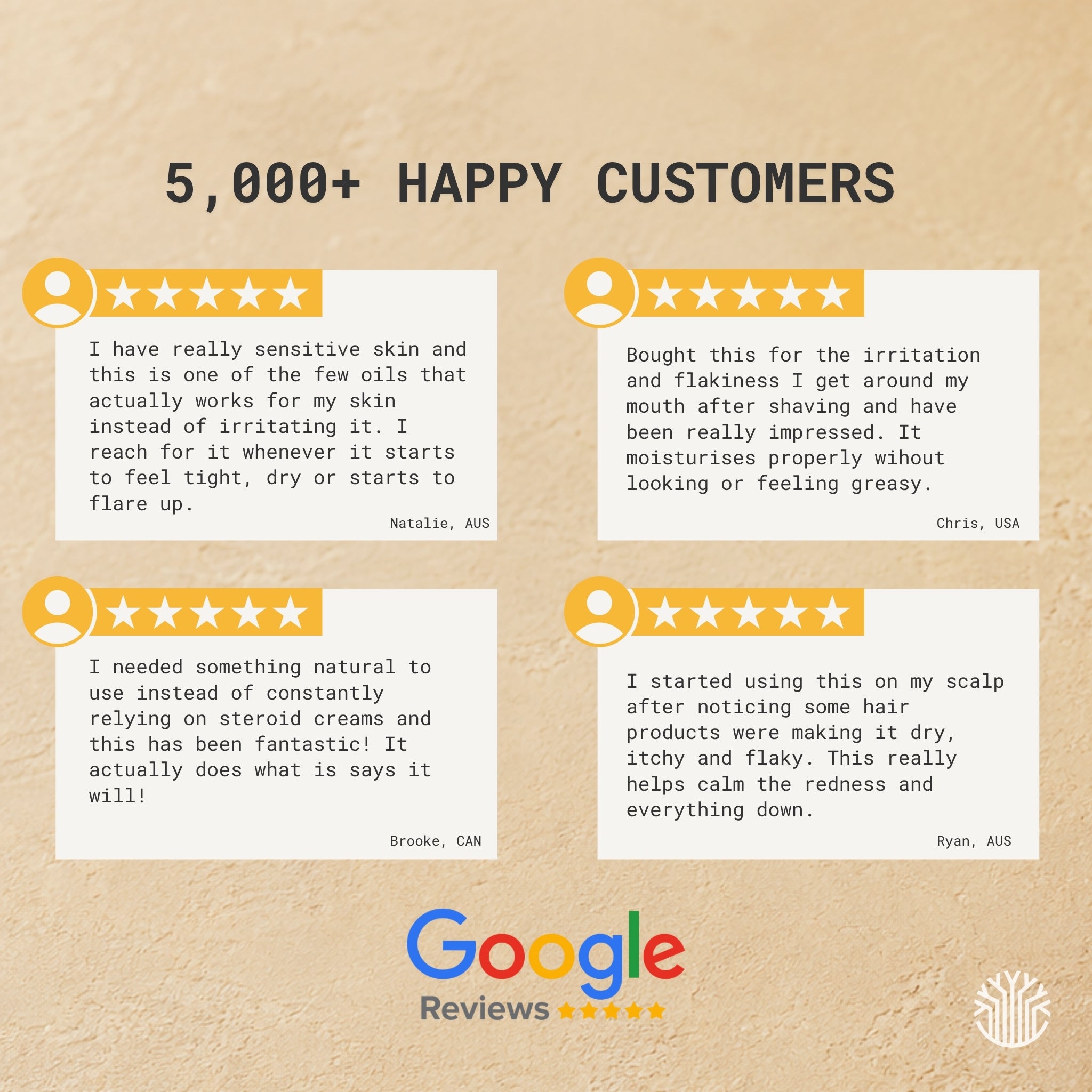 Google Reviews listing five-star ratings and customer testimonials for organic baobab oil