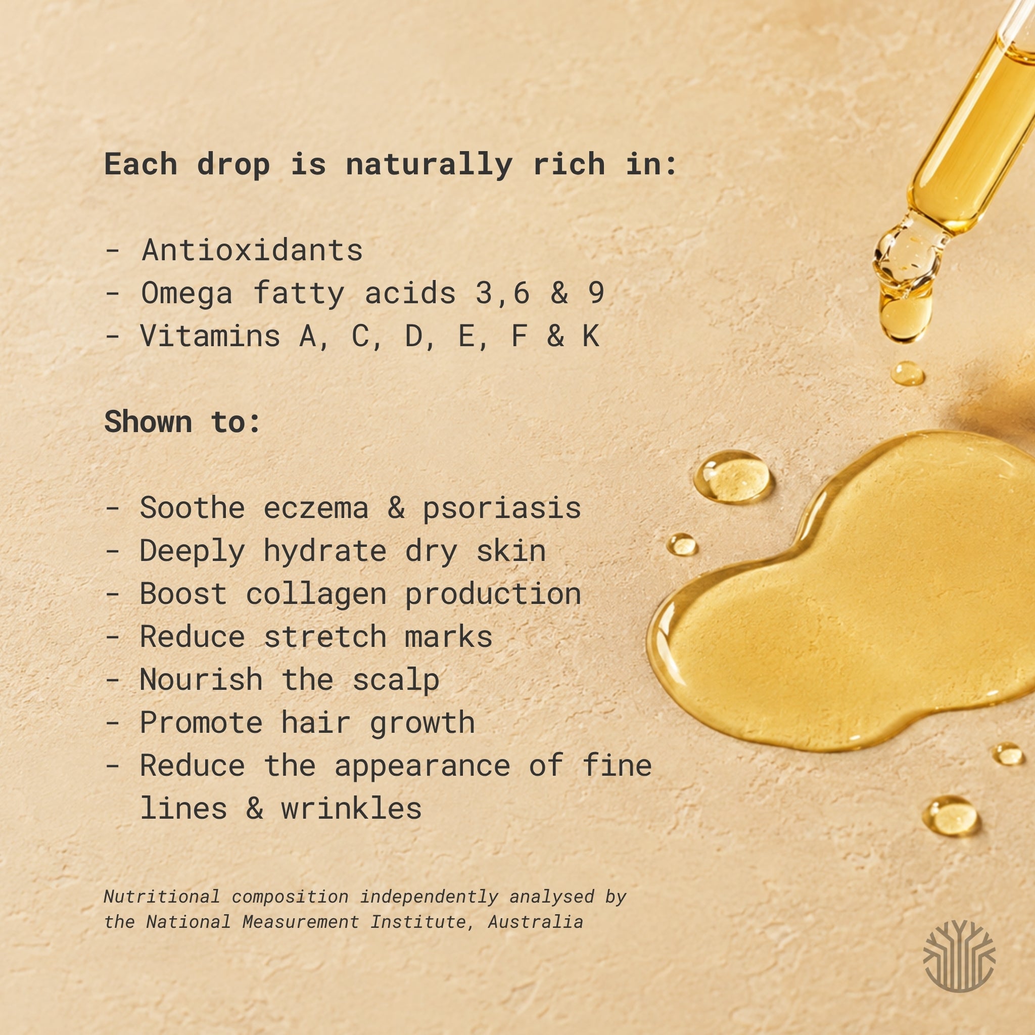 Organic baobab oil benefits infographic, whihc lists that it promotes hair growth, soothes eczema and psoriasis, has anti-aging properties, vitamins and antioxidants.
