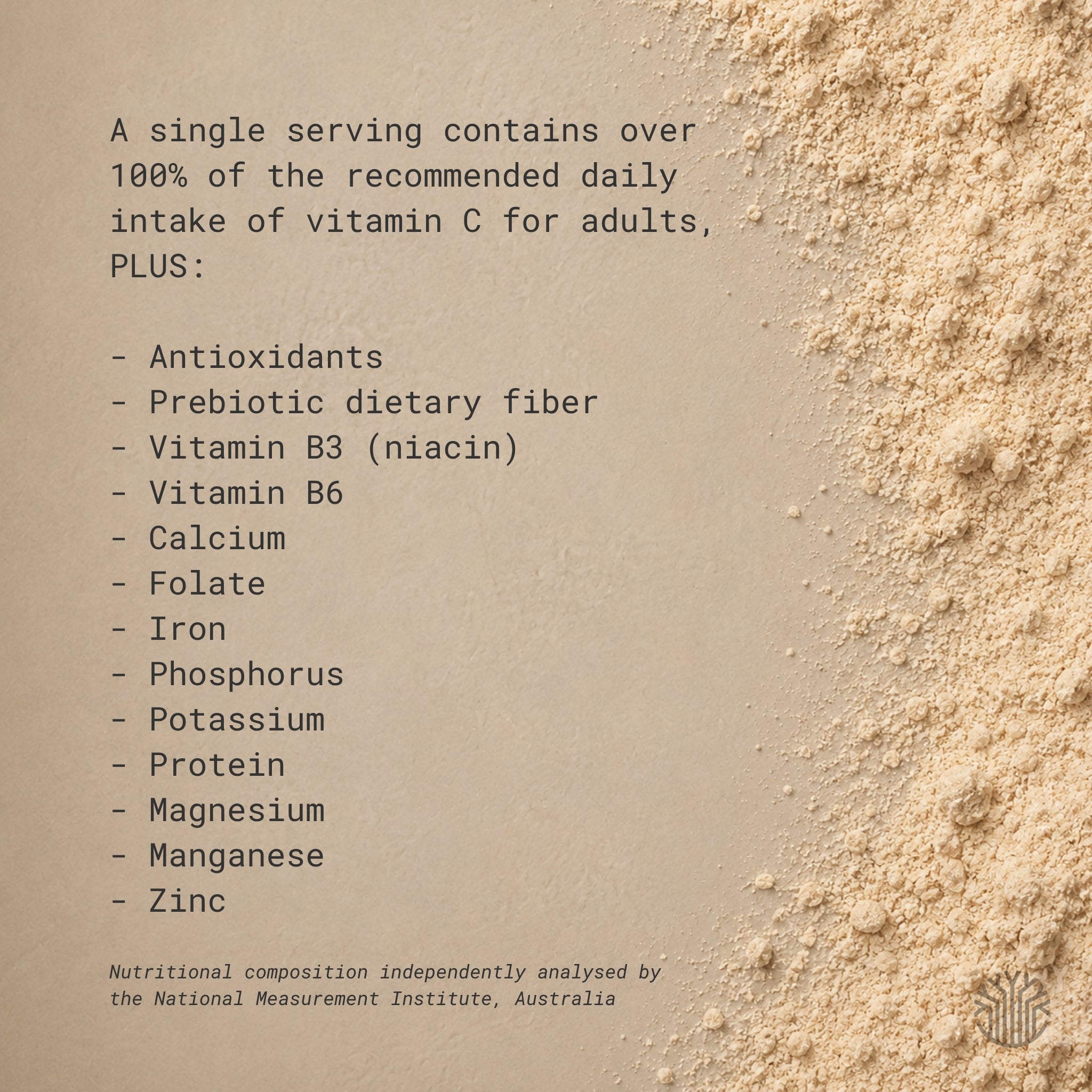 Organic baobab powder nutritional information showing vitamin C, prebiotic fiber, antioxidants, calcium and magnesium per serving.