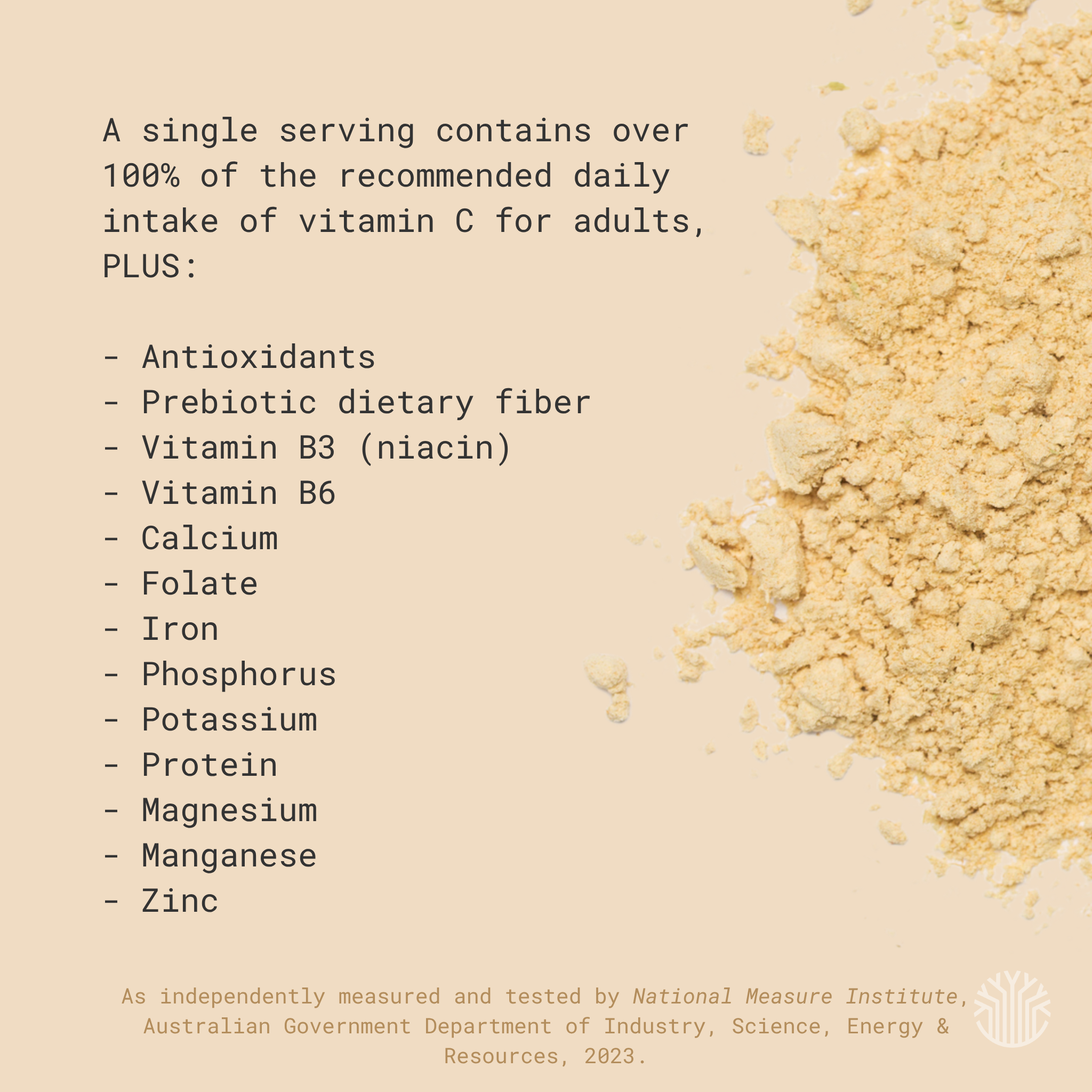 Organic baobab powder nutritional information showing vitamin C prebiotic fiber antioxidants calcium and magnesium per serving.
