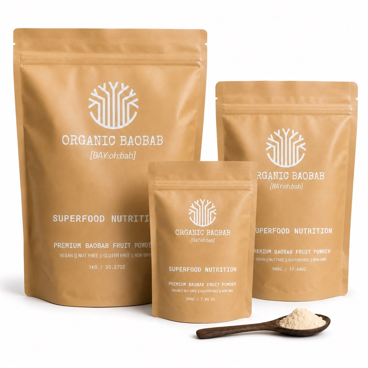 Three stand-up pouches of Organic Baobab Superfood Powder in different sizes, arranged on a white background with a small wooden spoon.