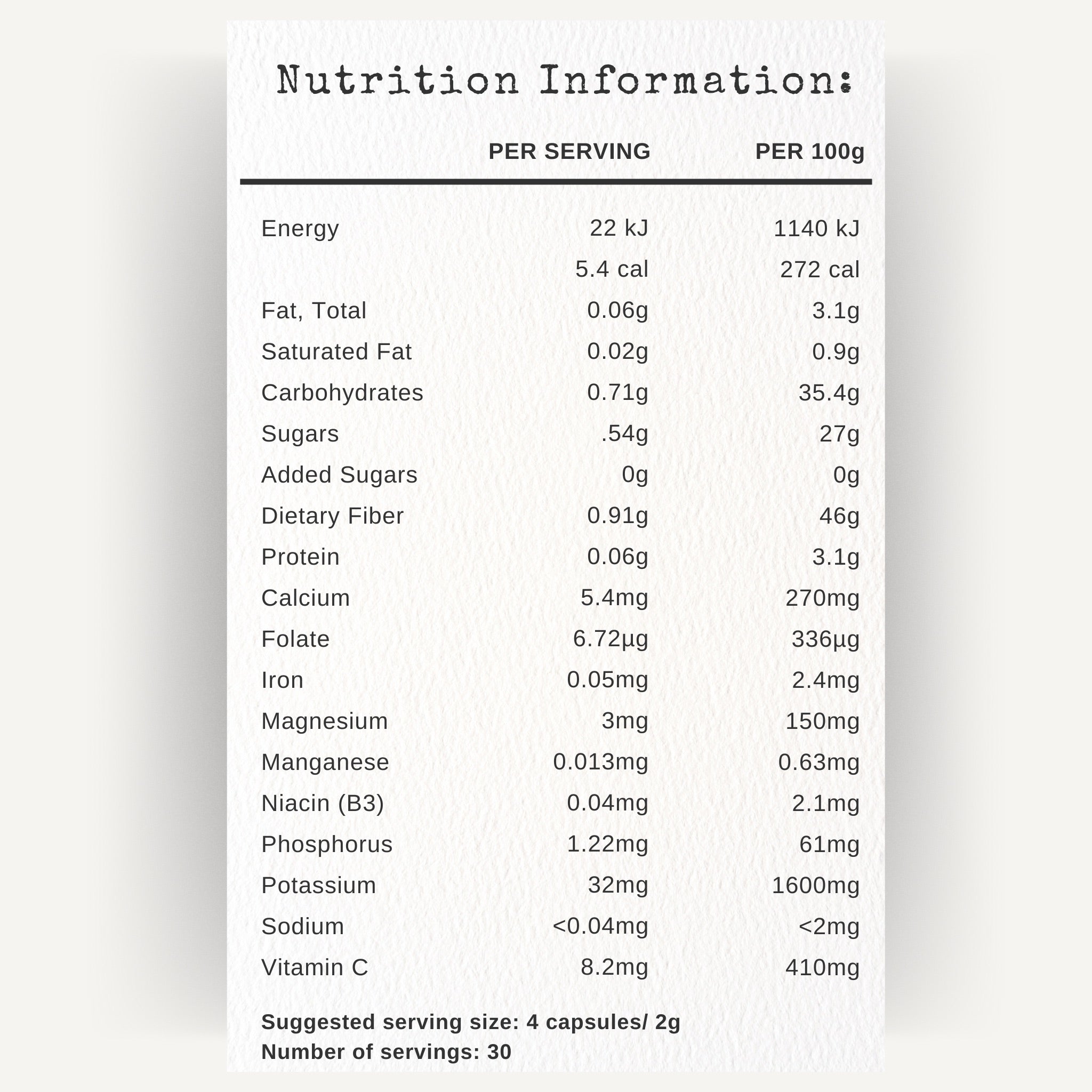 Baobab Nutrition information table for a product with serving size and per 100g values.