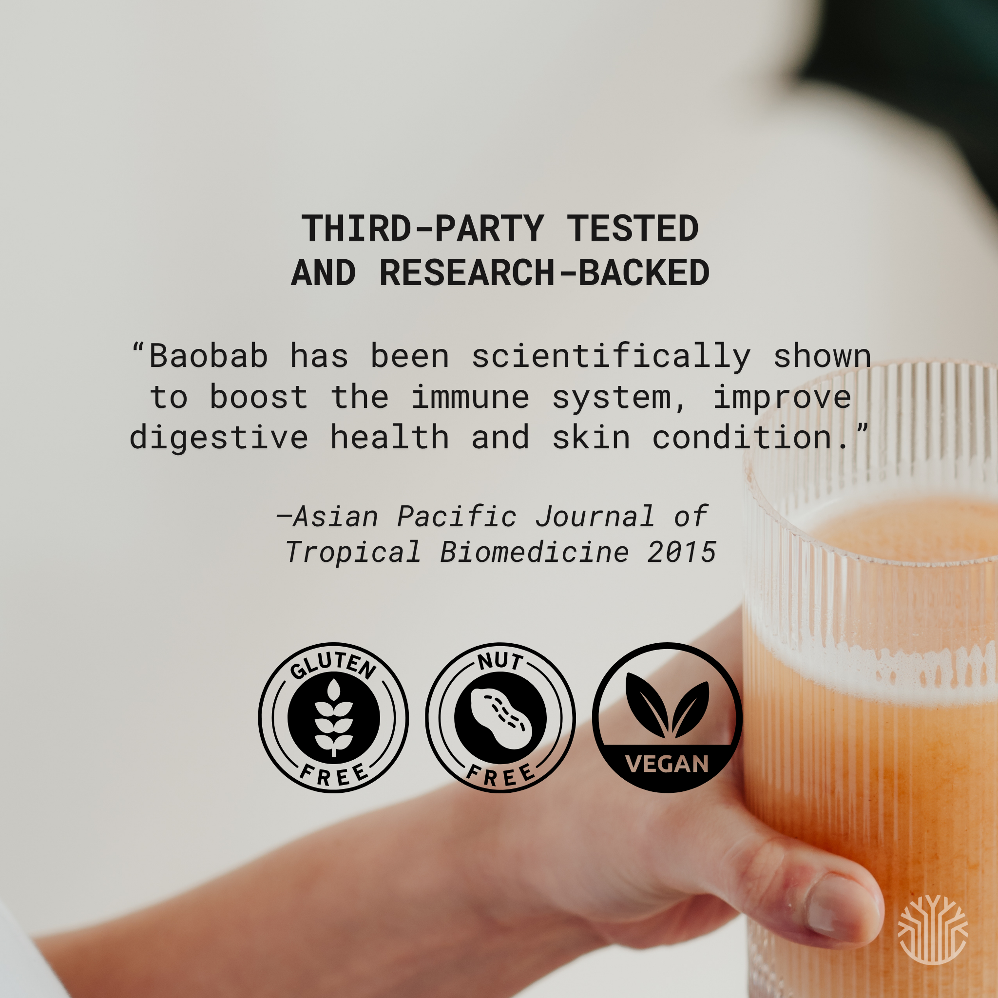 Organic baobab powder third party tested and research backed gluten free nut free vegan superfood supplement.