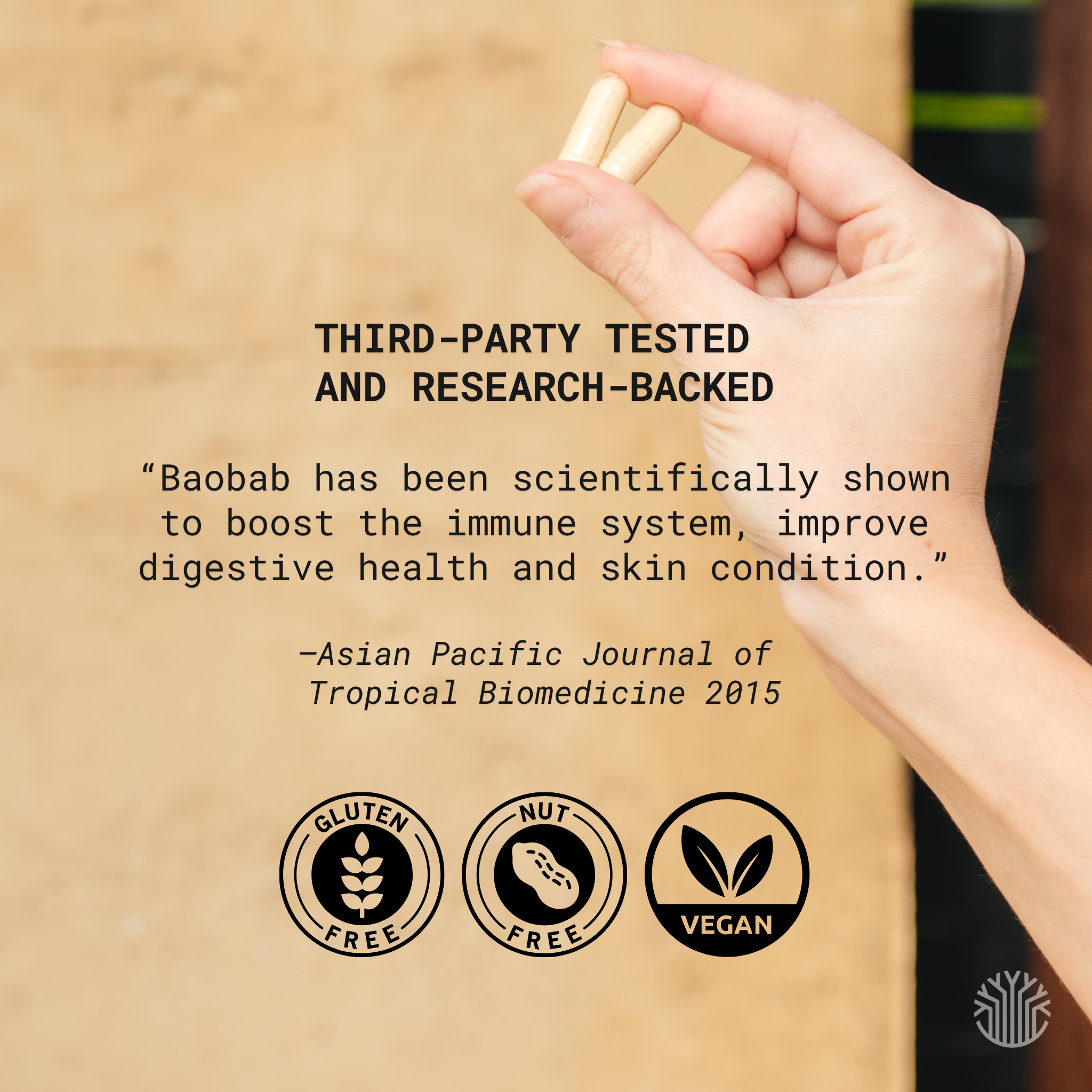 Organic baobab capsules third party tested and research backed gluten free nut free vegan supplement