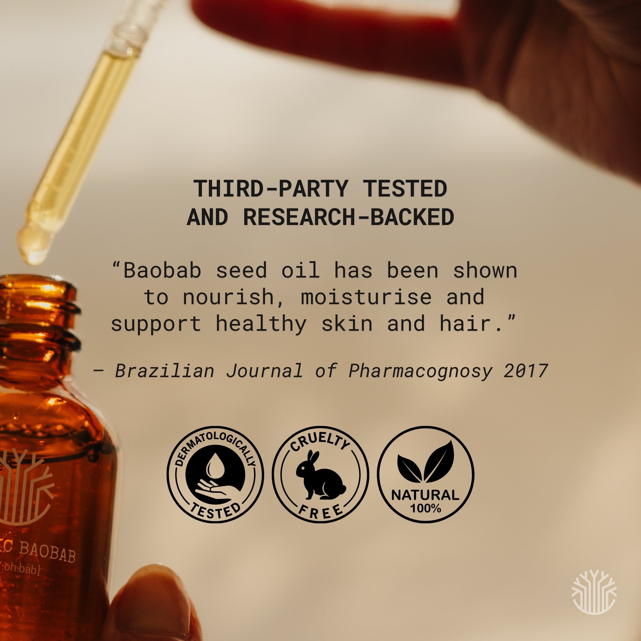 Organic baobab oil third party tested and research backed dermatologically tested cruelty free natural skincare